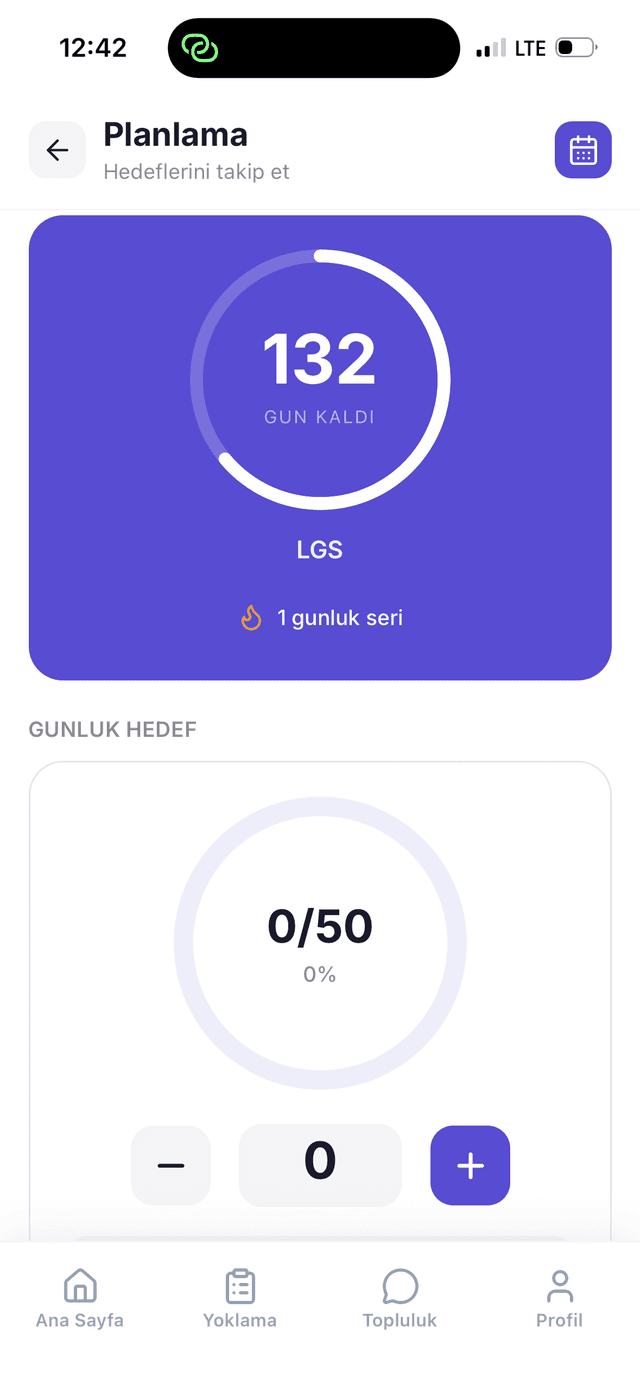DersLab öğrenci uygulamasında planlama ve hedef takibi ekranı